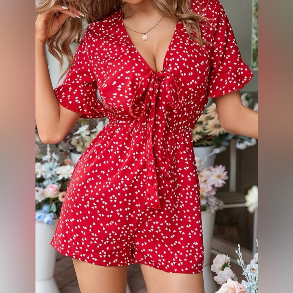 Allover Heart Print Tie Romper